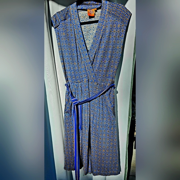 Tory Burch 100% Silk Dress w/Slip Sash Blue Size L - Picture 1 of 10